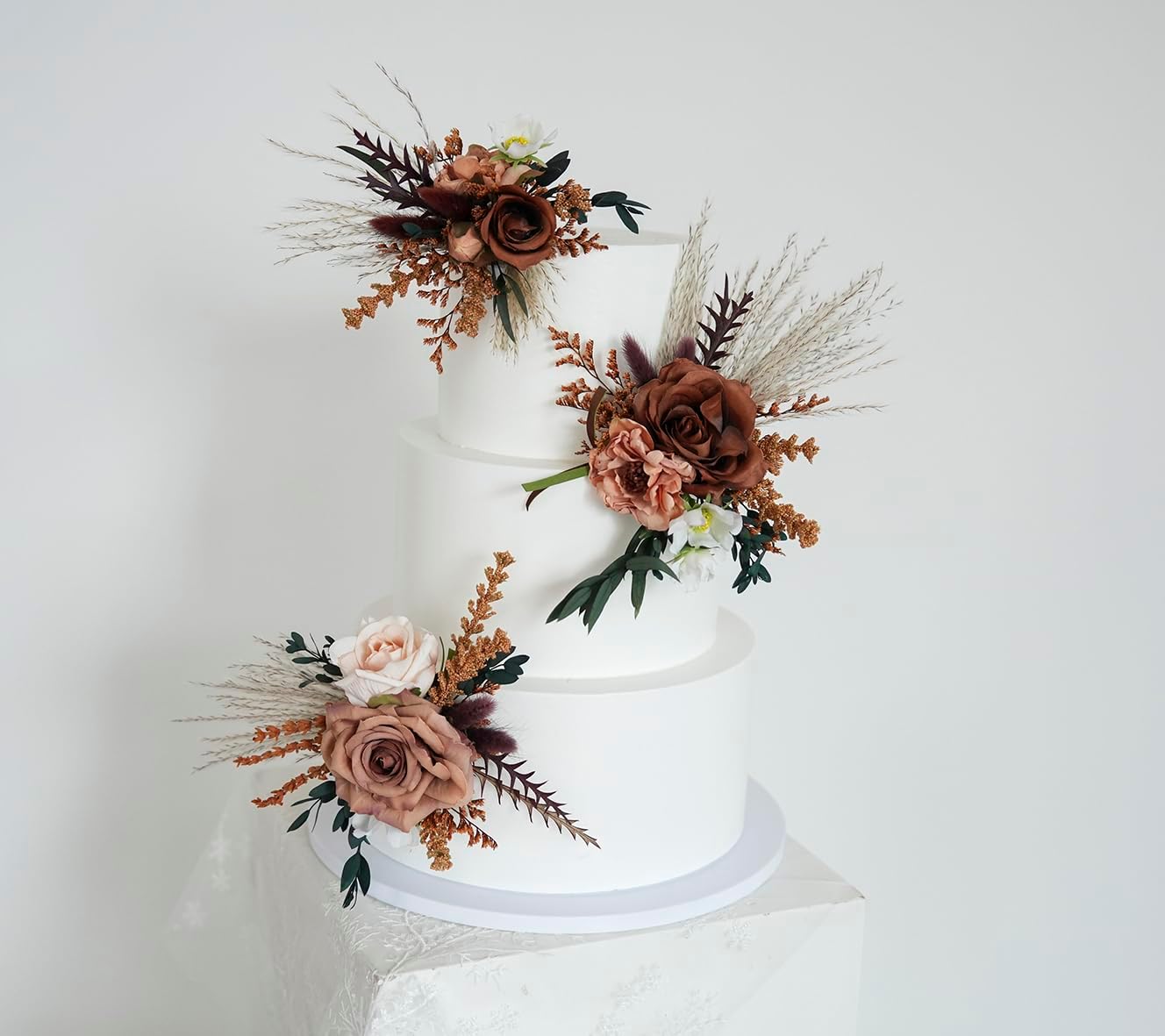 A Set Wedding Cake Topper, Floral Cake Decoration, Cake Topper Flowers, White and light brown Pampas Cake Flowers, Rustic Wedding, Boho