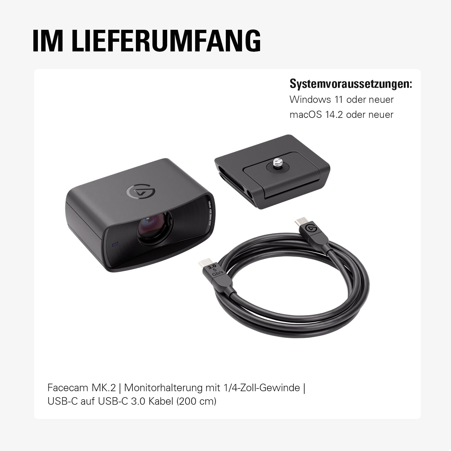 Elgato Facecam MK.2 – Erstklassige Full-HD-Webcam für Streaming, Gaming, Videokonferenzen, Aufnahme, HDR-fähig, Sony Sensor, Schwenken/Neigen/Zoomen – kompatibel mit OBS, Zoom, Teams etc., für PC/Mac