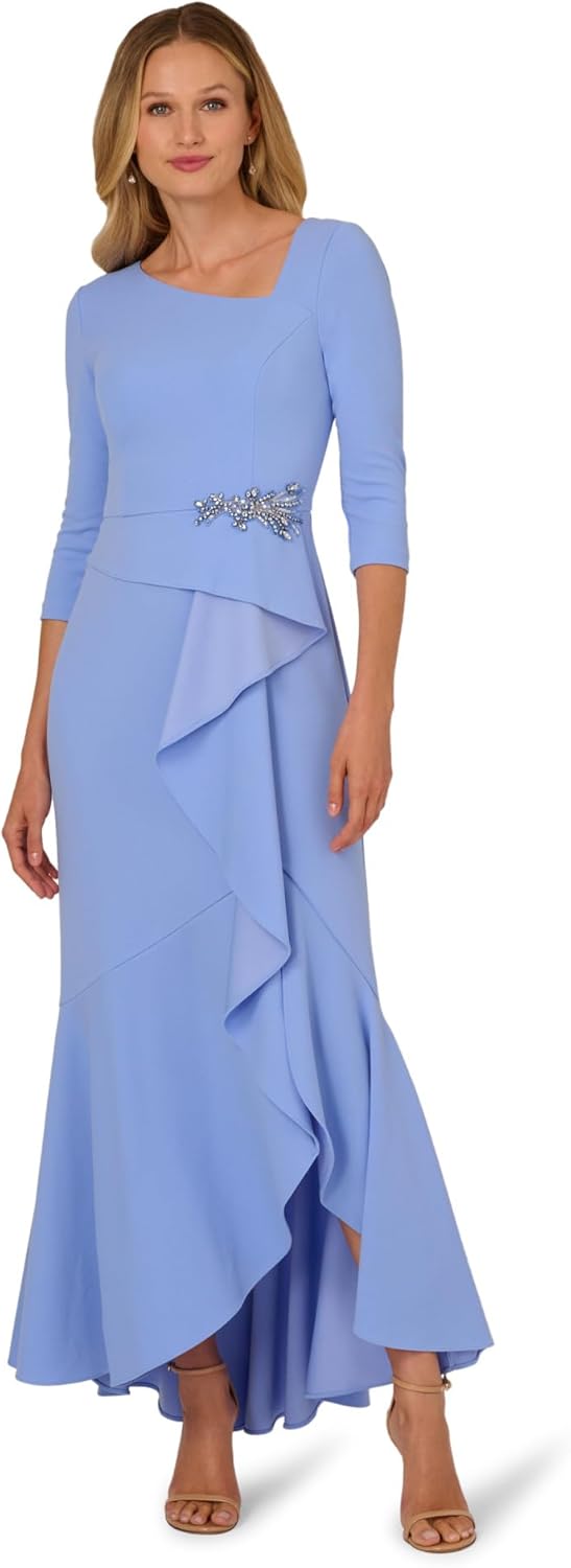 Adrianna Papell Asymmetrical Bead Crepe Gown, Electric Ice