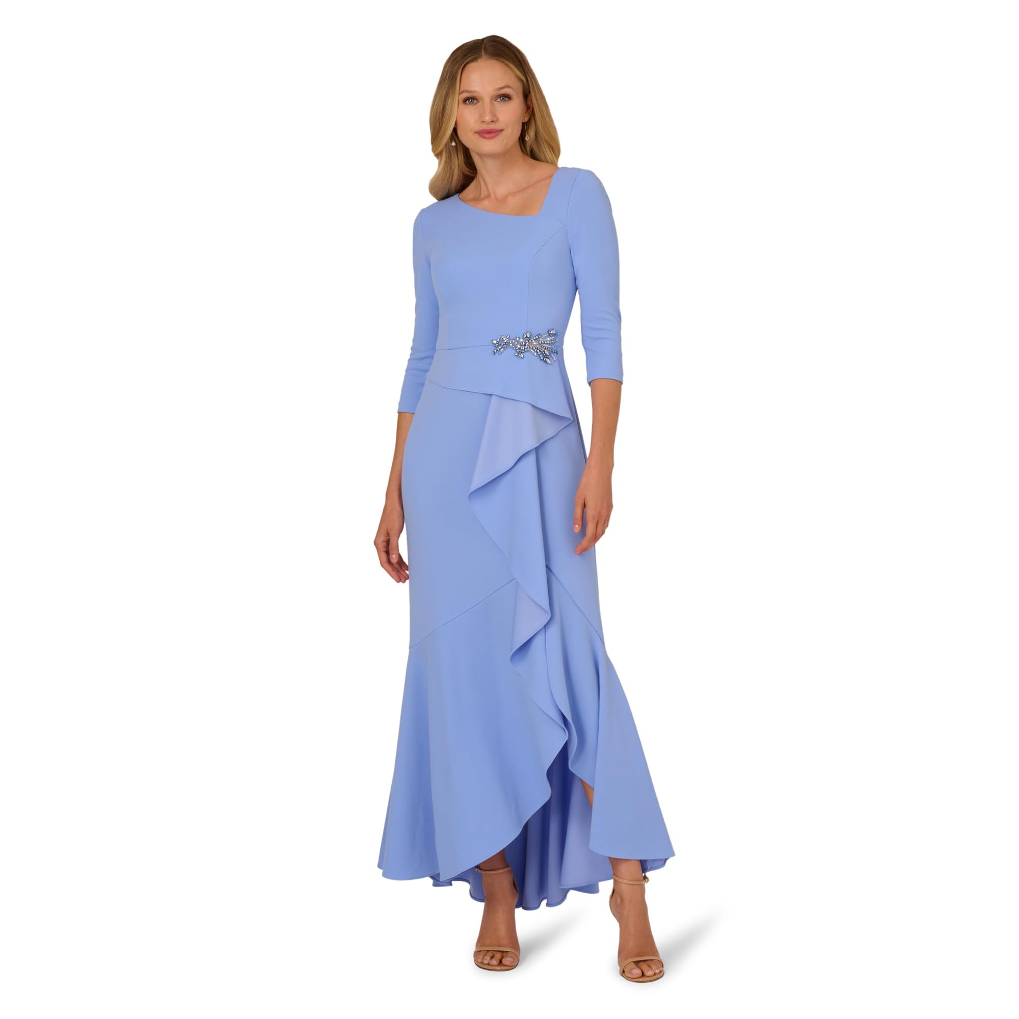 Adrianna Papell Women's Electric Ice Asymmetrical Bead Crepe Gown, 8