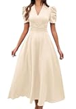 OMZIN Womens Summer Casual Dress V Neck Flowy Puff Sleeve Long Dresses High Waist A Line Mature Sundress