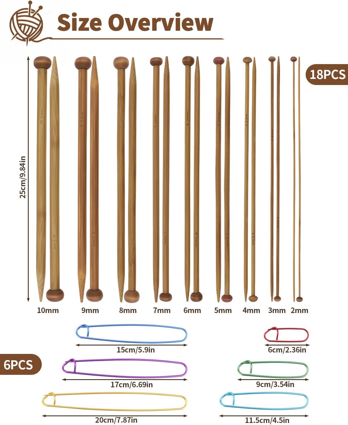 Bamboo Knitting Needles Set - 18 Needles + 6 Stitch Holders -2