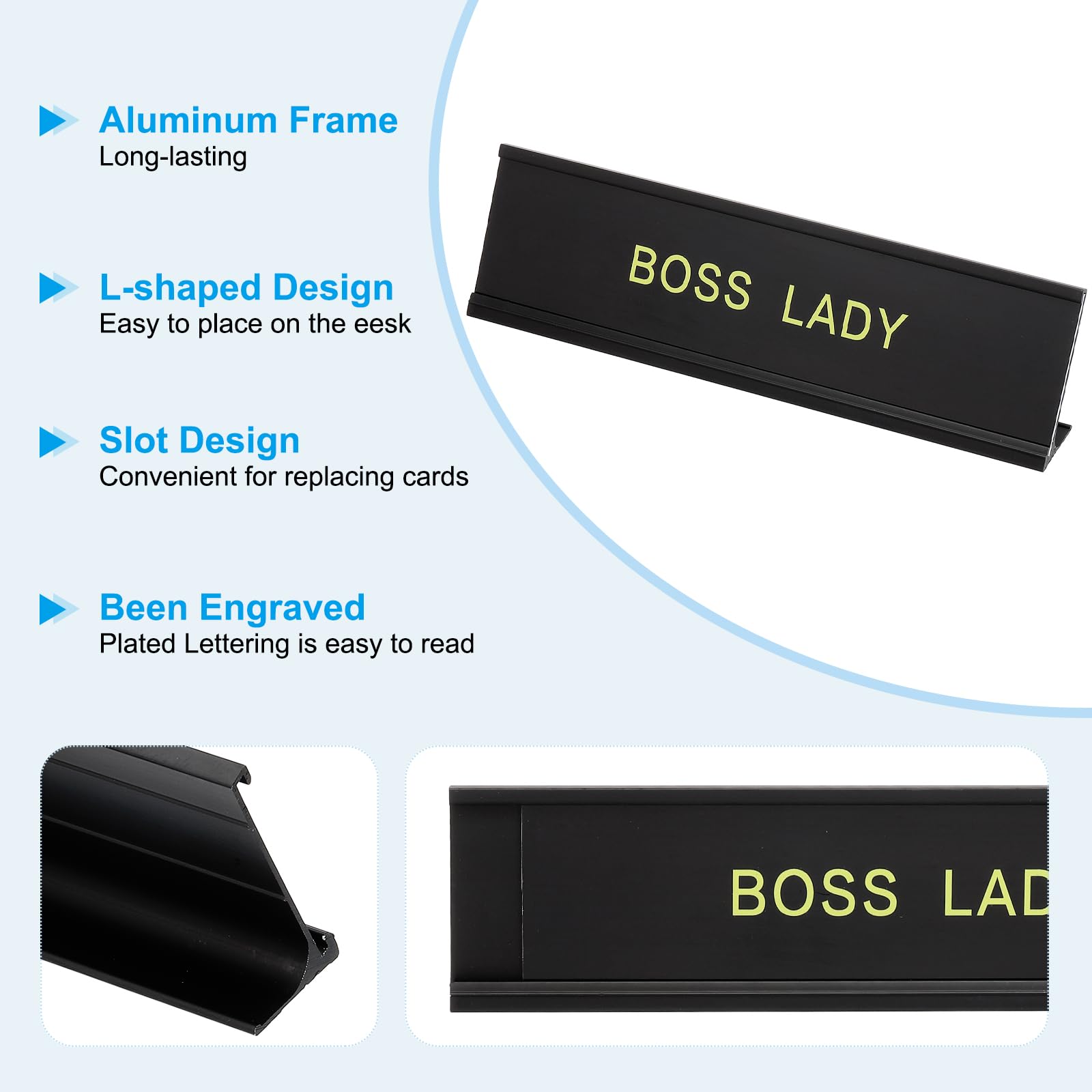 PATIKIL Funny Nameplate, 8"x2" Novelty Desk Sign Plaque Aluminum Desk Name Plate with Base for Office Black Yellow (Lady) - Image 3