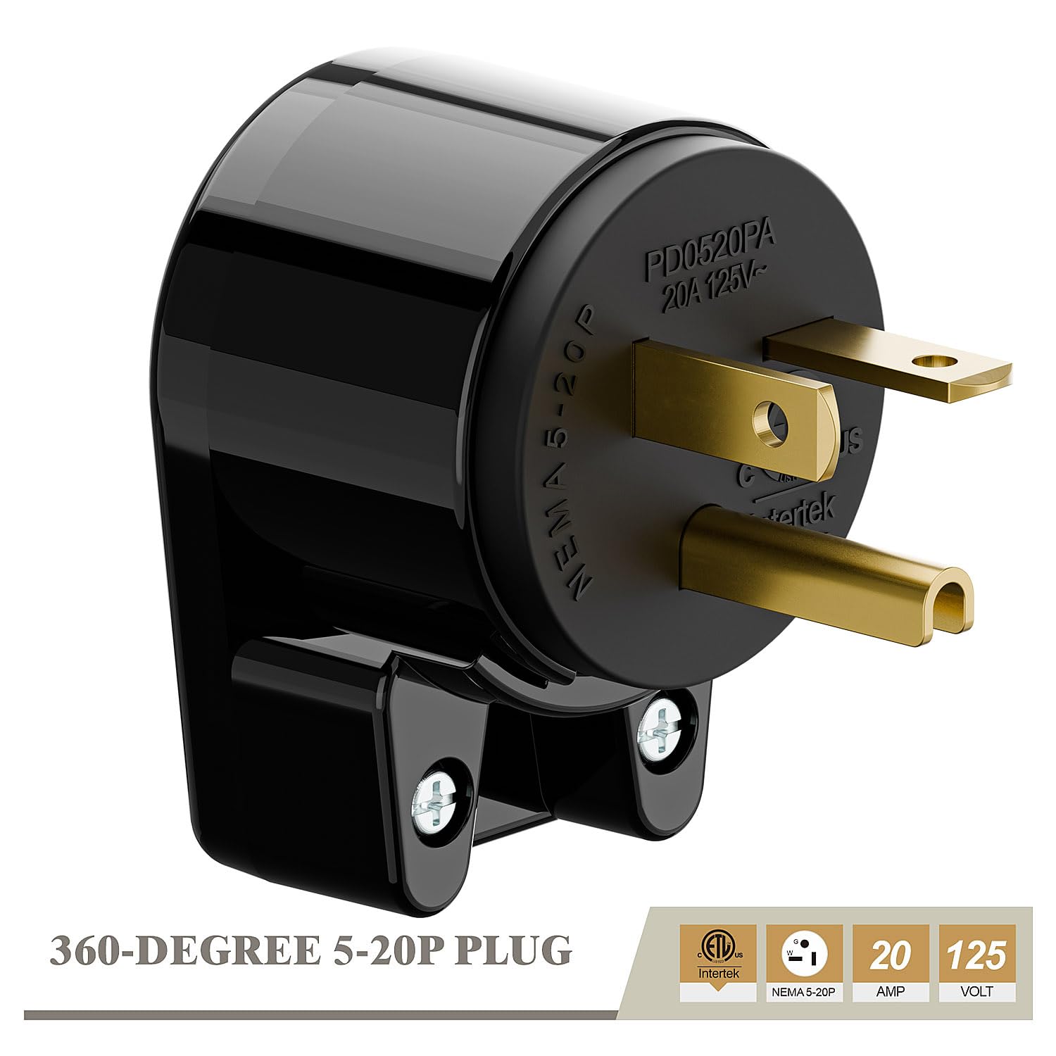 USA 3-Prong Male AC Plug, Right Angle ETL Nema 5-20P 3 Pole DIY Rewirable, 20A 125V USA 3Pin AC Connector, 12 Direction Rotatable Plug (3, Black)