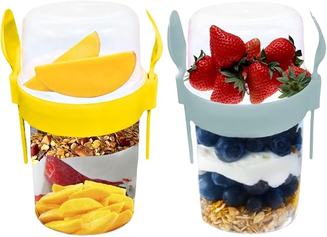 VL 2PCs Yogurt Pots Reusable 650ml Yoghurt Container with Spoon & Fork BPA free Breakfast Pots to GO Muesli Cereal On the Go Dishwasher Safe Lunch Box Oatmeal Jars, Set of 2 (Grey, Yellow)