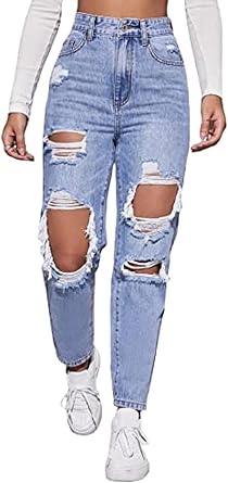 Womens High Waist Straight Leg Ripped Jeans Distressed Denim Pants