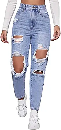 Women's High Waist Straight Leg Ripped Jeans