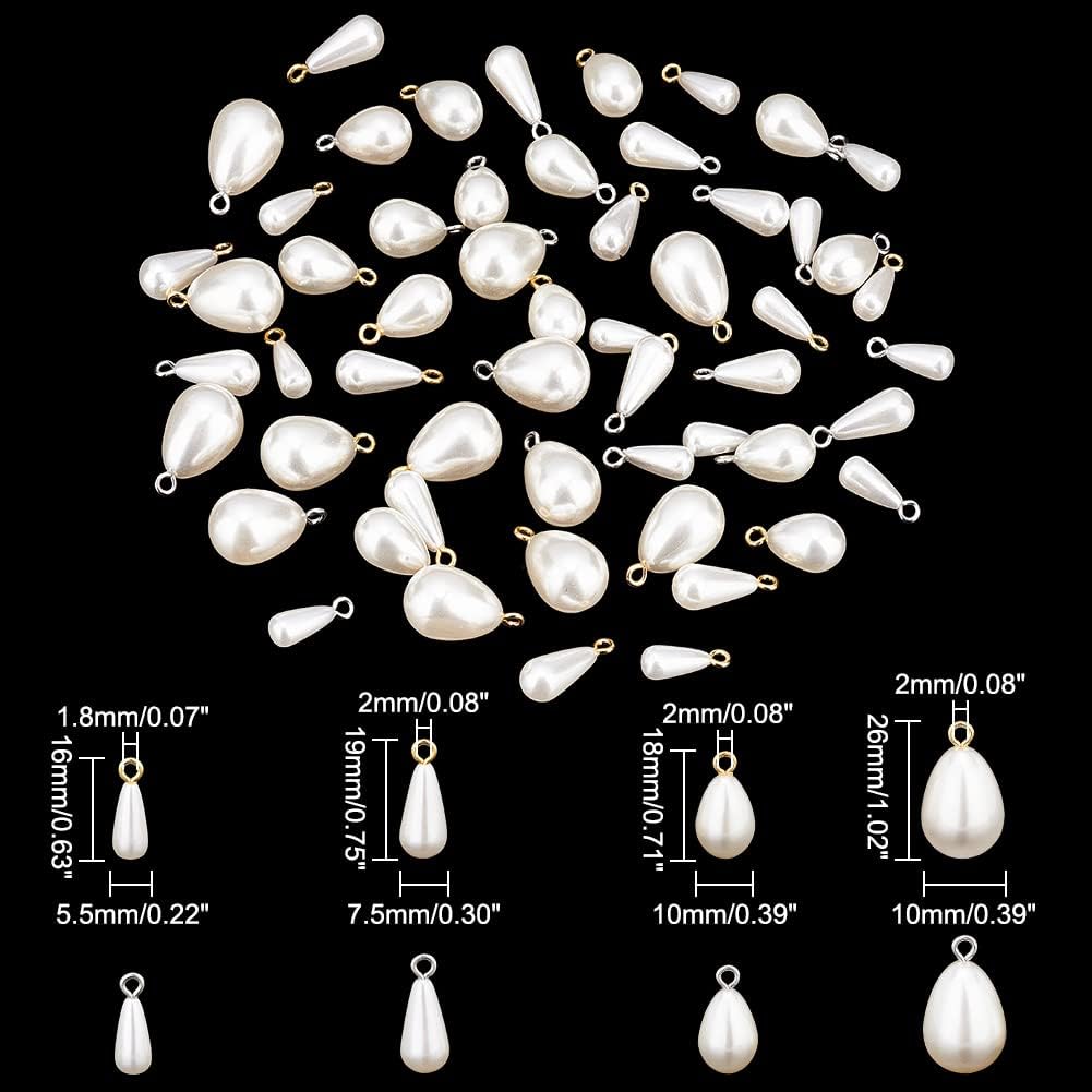 PH PandaHall 64pcs Teardrop Pearl Charms, 4 Sizes Imitation Pearl Pendants with Loops Beige Drop Dangle Charm Craft Pearls Pendants for Earring Necklace Bracelet Jewelry Making DIY Craft