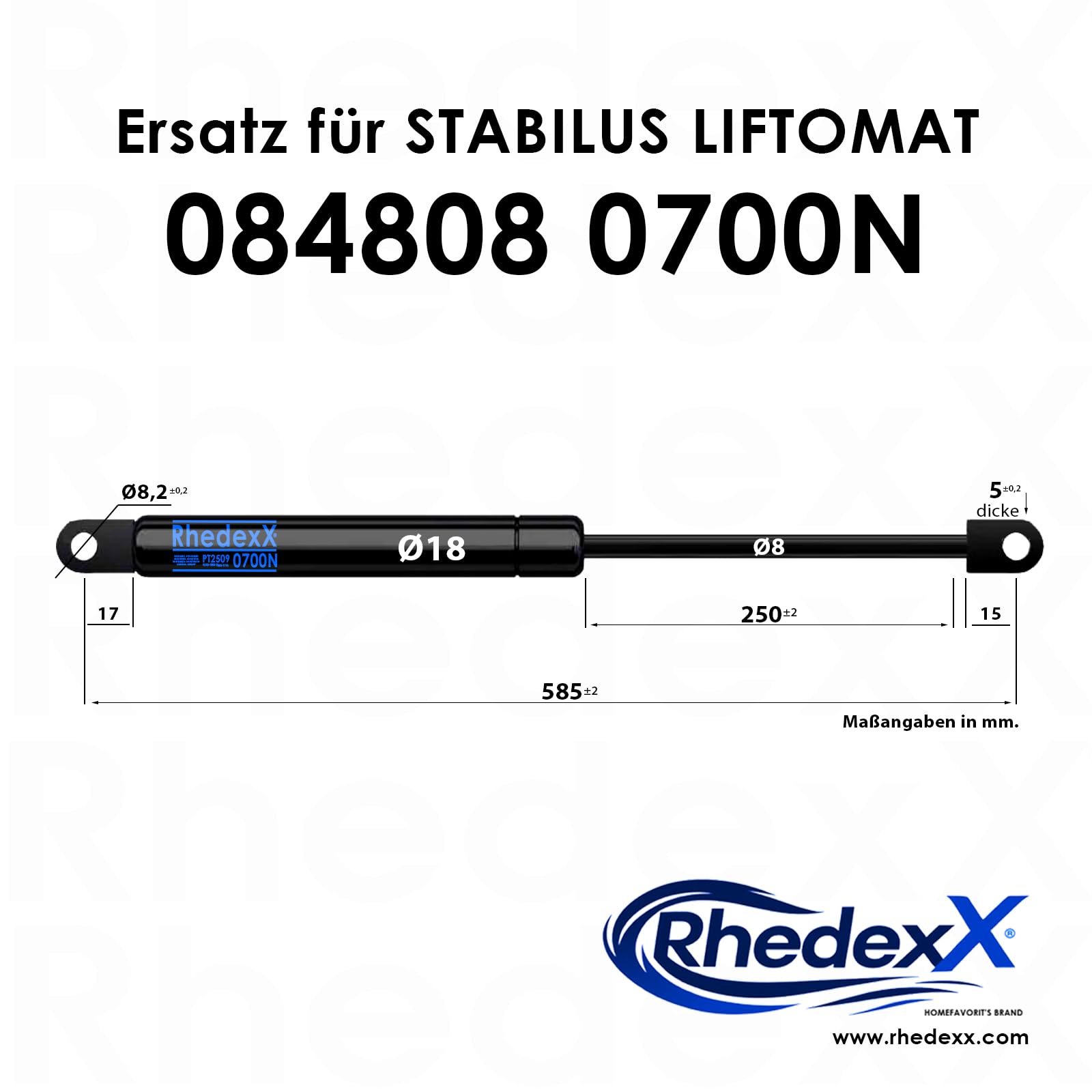 RhedexX® Vérin à Gaz - 245 Mm/80 Mm/500 N - Remplacement Pour LIFT-O-MAT 084093 0500N - Vérin à Gaz Avec œil Articulé M6 (245/80/500N - 084093