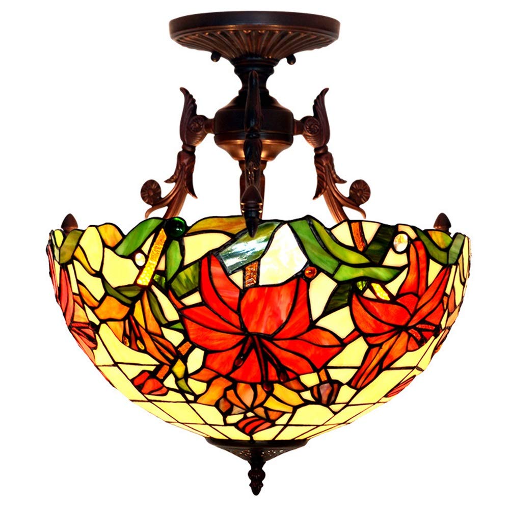 HJRegaFimu Stained Glass Ceiling Lamp 16 Inches Lily Warm Bedroom Art Creative Living Room Chandelier