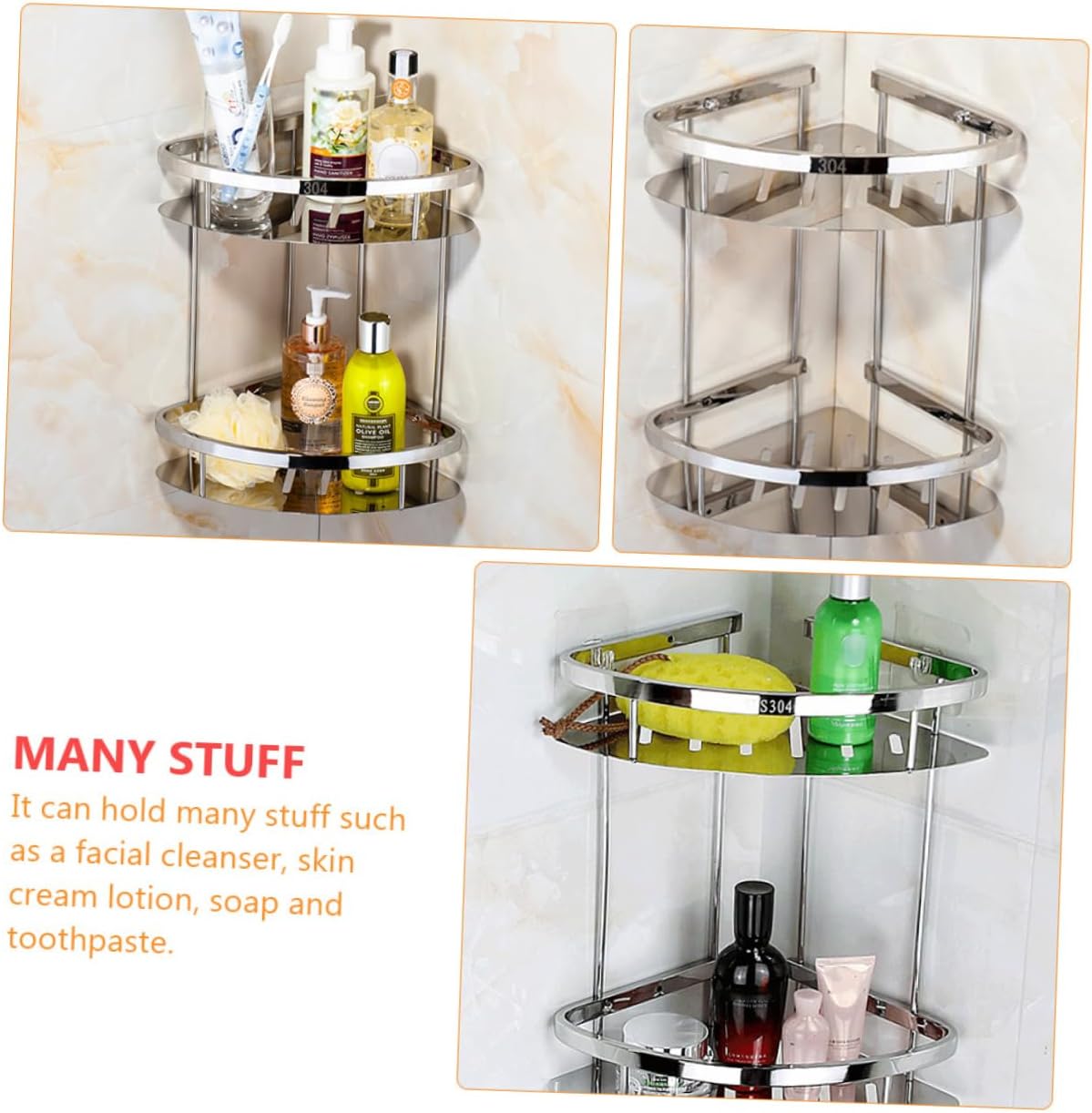ABOOFAN Modern Minimalist Design Stainless Steel Double Layer Corner Rack Bathroom Shelf Storage Holder for Home