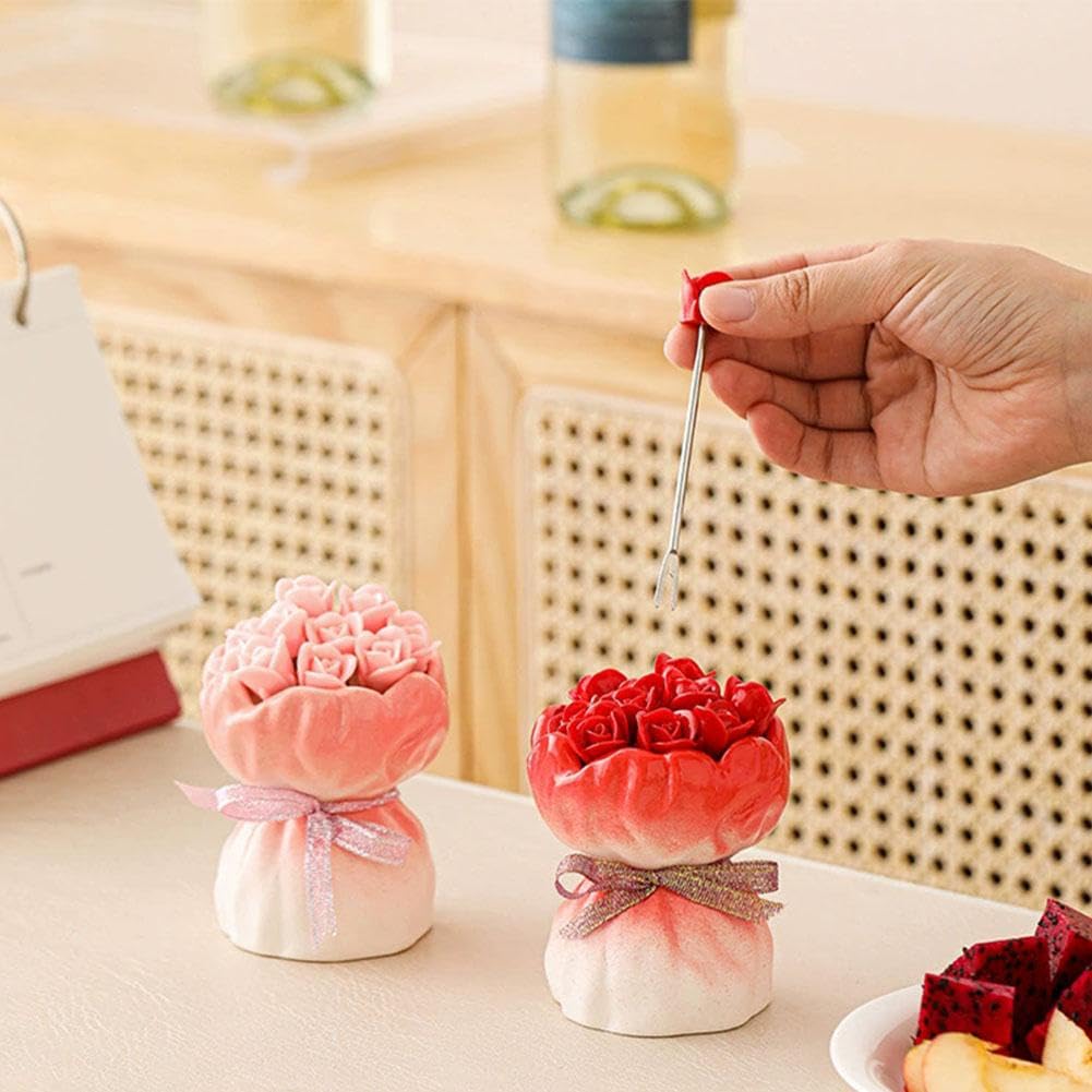 Juego de tenedores de frutas, 12 tenedores de postre de acero inoxidable en forma de rosa con elegante jarrón de almacenamiento de cerámica, tenedores novedosos para cocina, fiesta, comedor