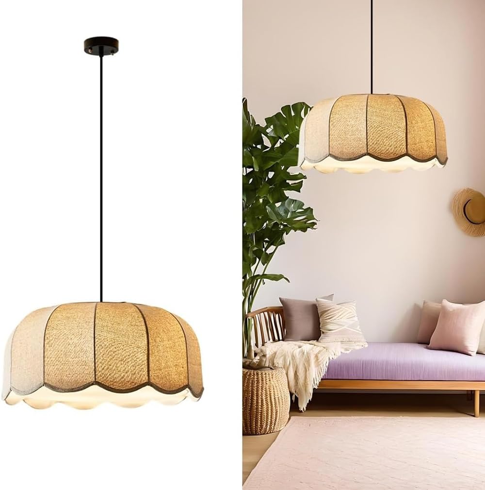 LYMSXAZOU Farmhouse Drum Chandelier - Adjustable White Fabric Pendant Light Fixture for Dining Room, Bedroom, Kitchen, Foyer, Entryway(17.7inch)