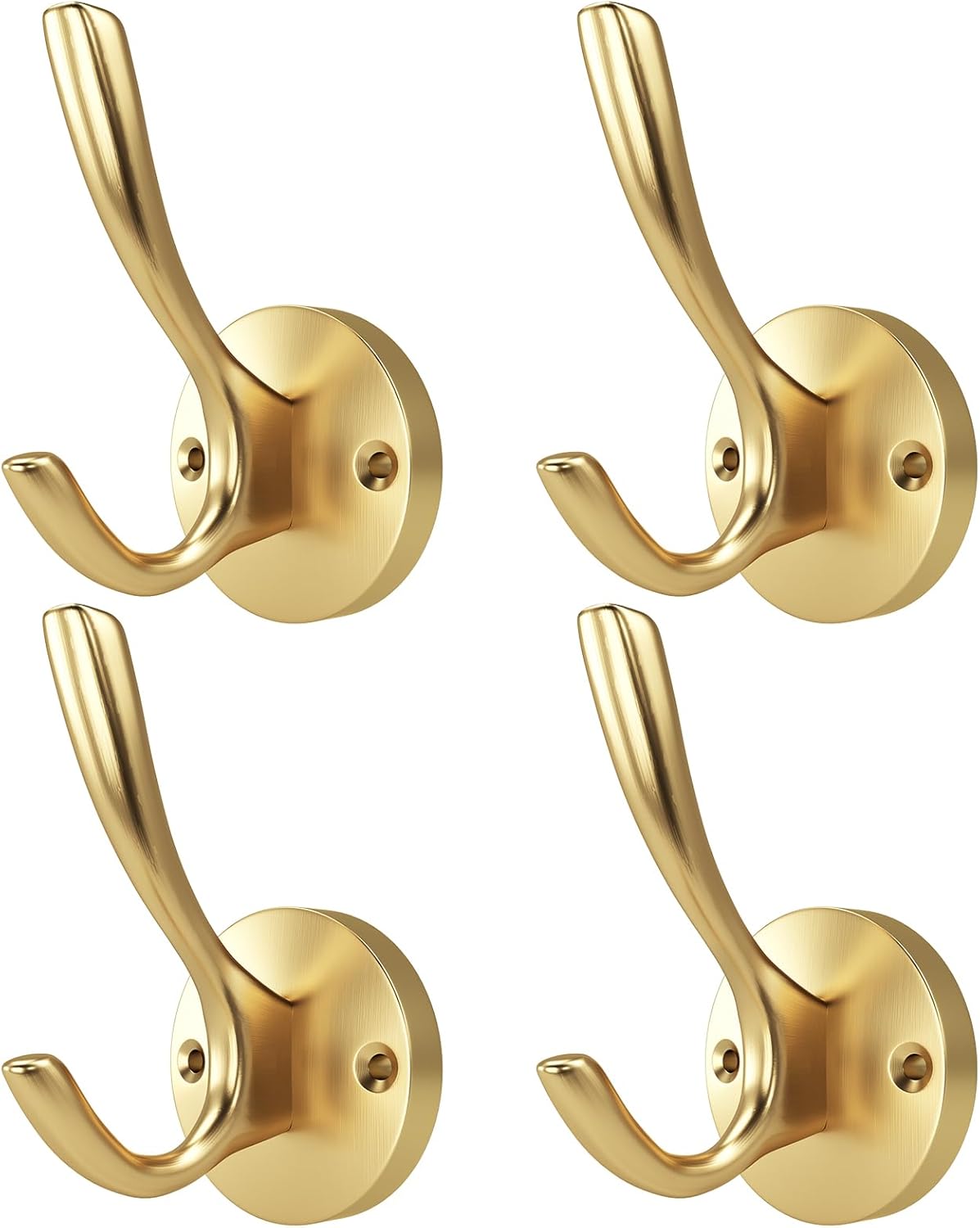 ZUONAI 4-Pack Brushed Gold Heavy Duty Towel Hooks - 45lb Double Wall Mount Coat Hooks for Bathroom, Kitchen, Entryway