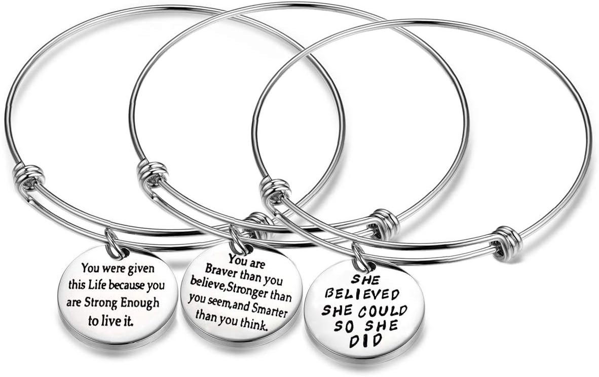 Jvvsci 3PCS Stainless Steel Inspirational Charm Bracelets Jewelry Set Engraved Message Motivational Expendable Bangles for Women Girls