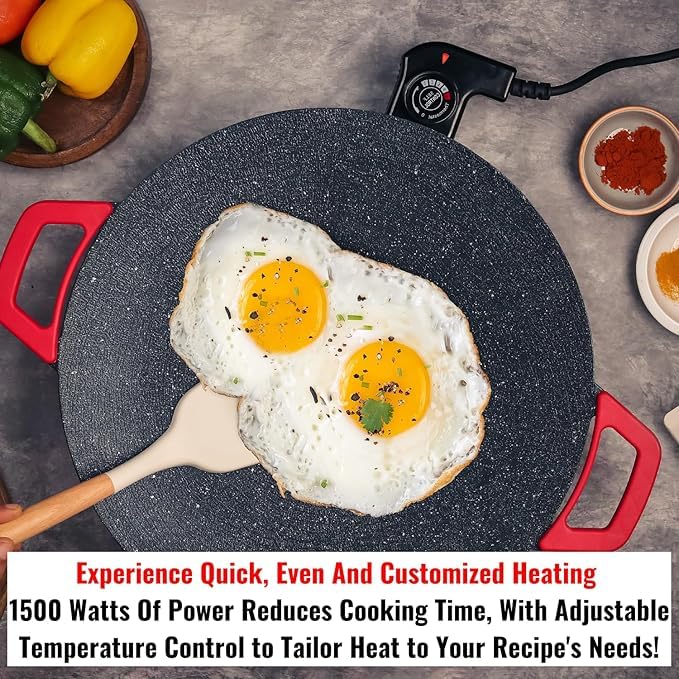 Image of Portable Large Electric Pan for Cooking | 36x36 cm | Ideal as Electric Dosa Tawa, frying pan, Pancake Maker | Temperature Control | Black