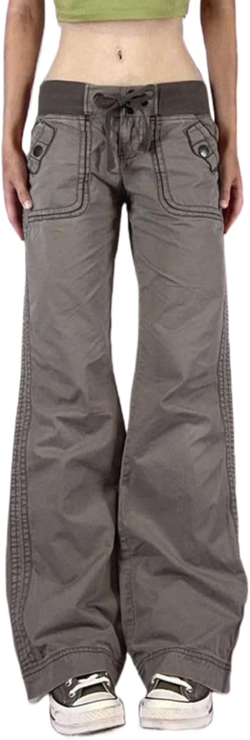 Bootcut Jeans for Women, Low Rise Well Bottoms Denim with Ribbed Waistband Side Stitch Drawstrings,Y2k Grunge