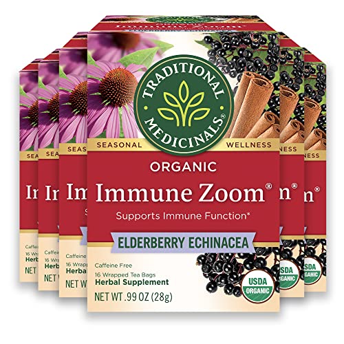 Traditional Medicinals, Immune Zoom Elderberry Echinacea, 16 Count Tea Bags (Pack of 6)