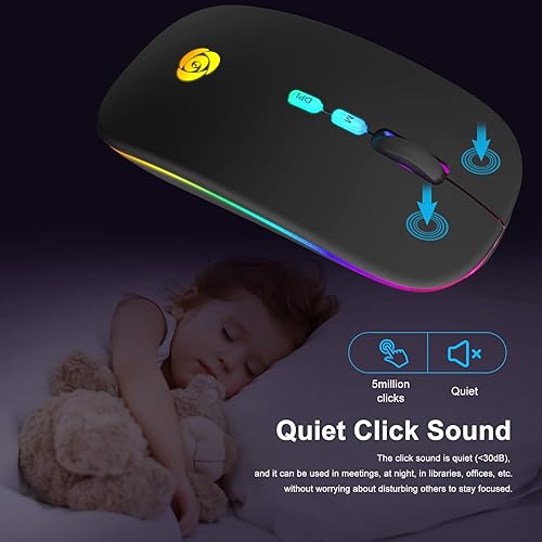 Miniatura 6 de Ratón inalámbrico LED, mouse Bluetooth y conexión instantánea de 2.4 GHz, recargable ultra silencioso delgado, 3 DPI 2 modos de conexión con