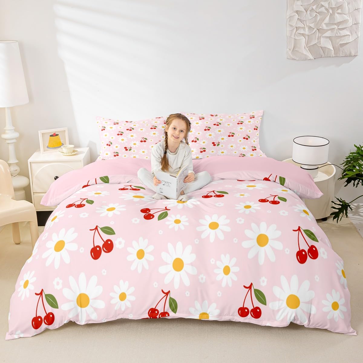Parure de lit cerise rose motif dessin animé pour chambre d'enfant et ado