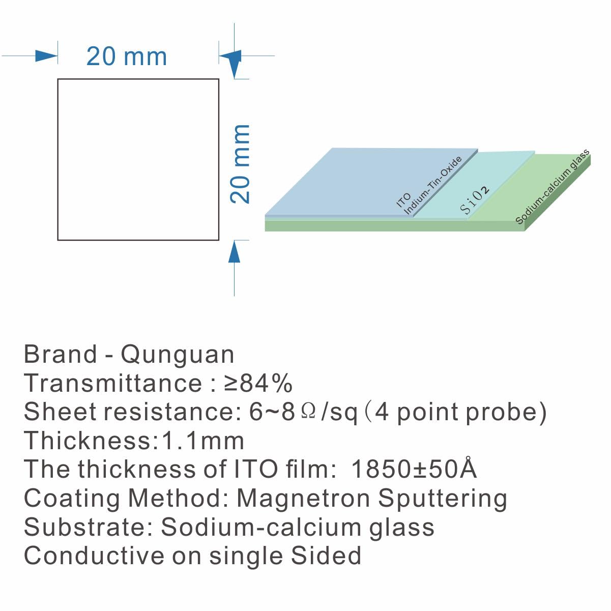 ITO Coated Conductive Glass Cover Slides superconducting Low Resistance < 10 ohm/sq (20mm×20mm, 80 Pcs)