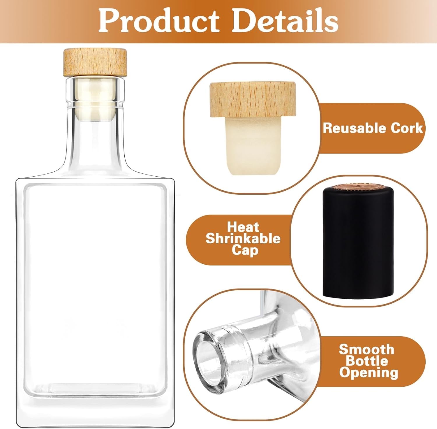 Paquete de 3 botellas de vidrio de 25 onzas con tapa, botellas de vidrio vacías transparentes de 750 ml con botellas de vidrio cuadradas de corcho con base pesada botellas de vidrio con tapa para
