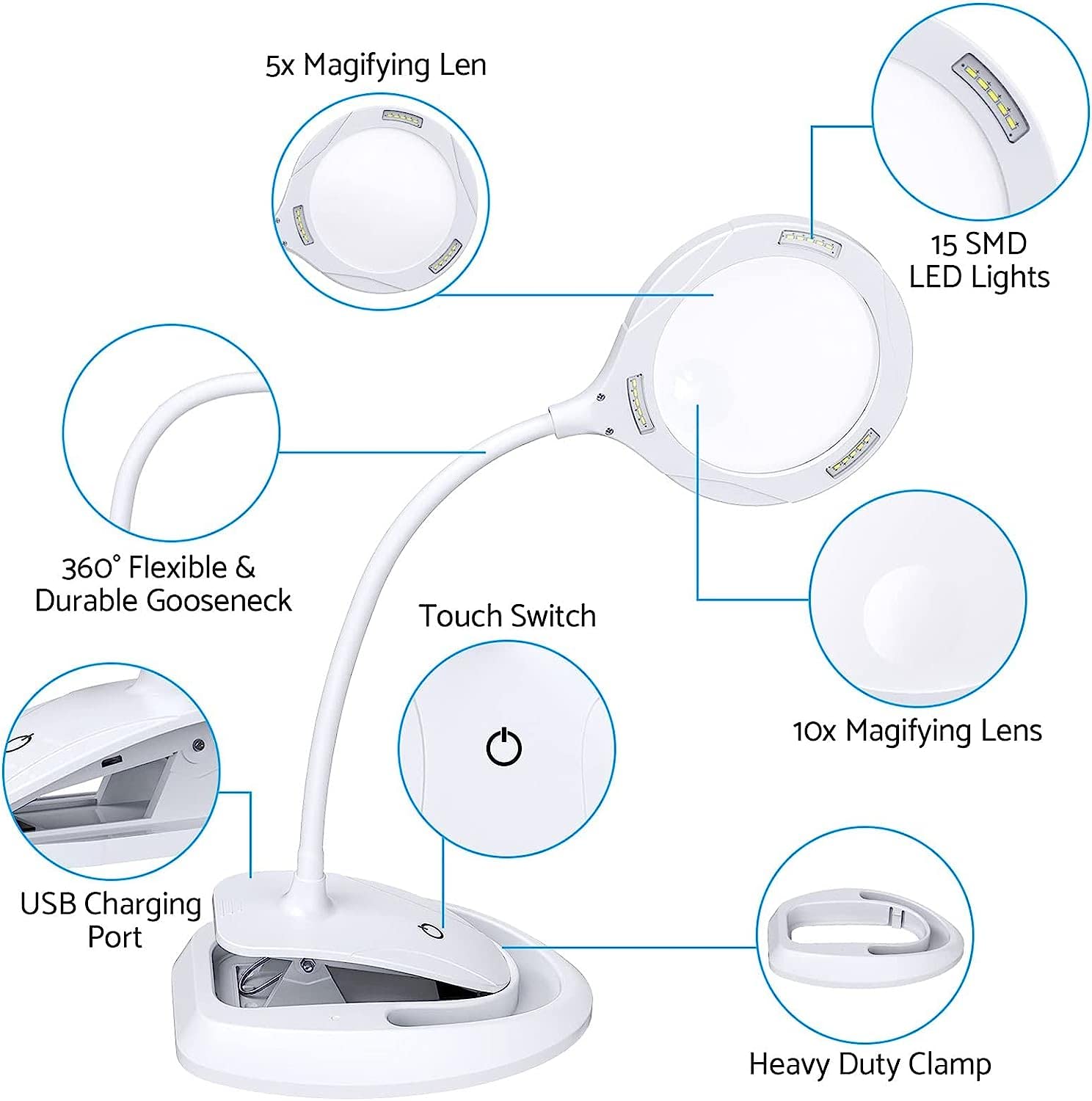 Lupa, Lampa Powiększająca 2 W 1, Lampa Biurkowa Ze Stojakiem I Zaciskiem, 5X 10X, Dioda Led Zasilana Przez Usb, Z 3 Regulowanymi Ustawieniami Światła Do Czytania, Hobby, Rzemiosła, Podwójnego Stołu W