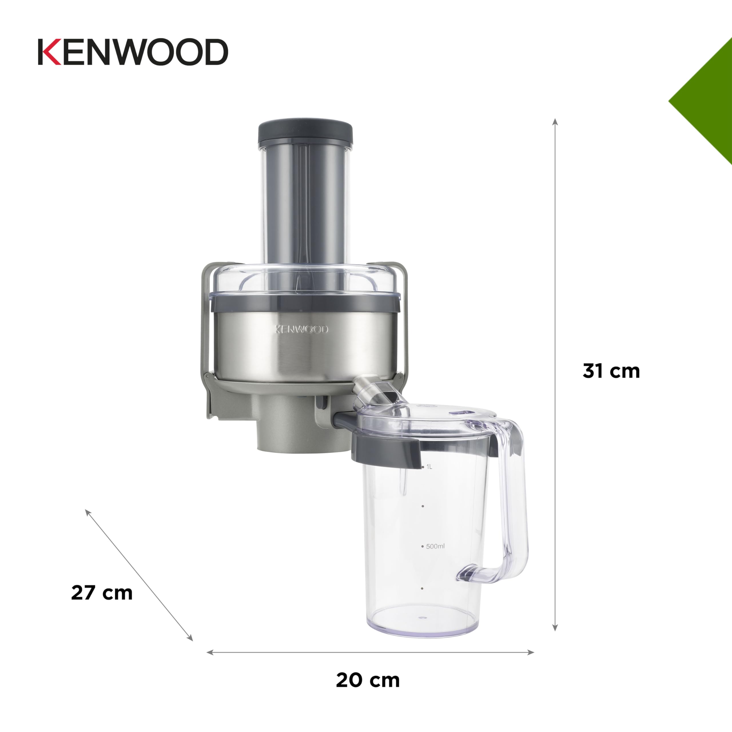 Kenwood AT641 Accessorio Centrifuga Estrattore di Succo per Impastatrice Planetaria, In dotazione caraffa da 1L per raccogliere il succo, Sistema di sicurezza, Acciaio, Argento