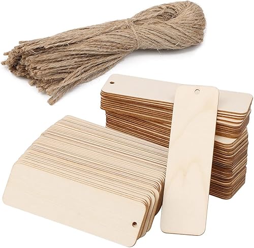 FOCCTS - 80 marcapáginas de madera en blanco para manualidades, etiquetas colgantes rectangulares en blanco, etiquetas de regalo de madera sin