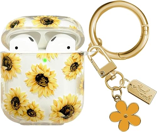 Funda compatible con AirPods, funda de TPU suave con bonito patrón de flores para AirPods de 2 y 1 generación con llavero colgante y mosquetón para