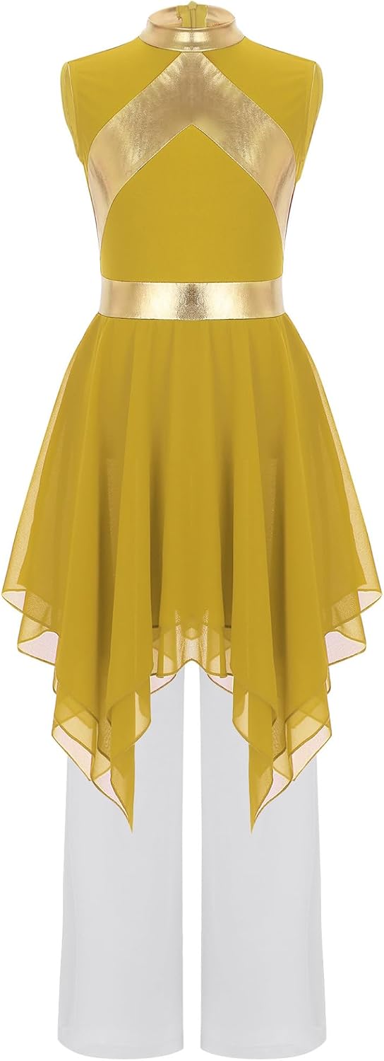 Jugaoge Metallic Praise Dance Dress With Pants Outfits For Girls Sleeveless A-line High Low Dress Yellow White 14 Years