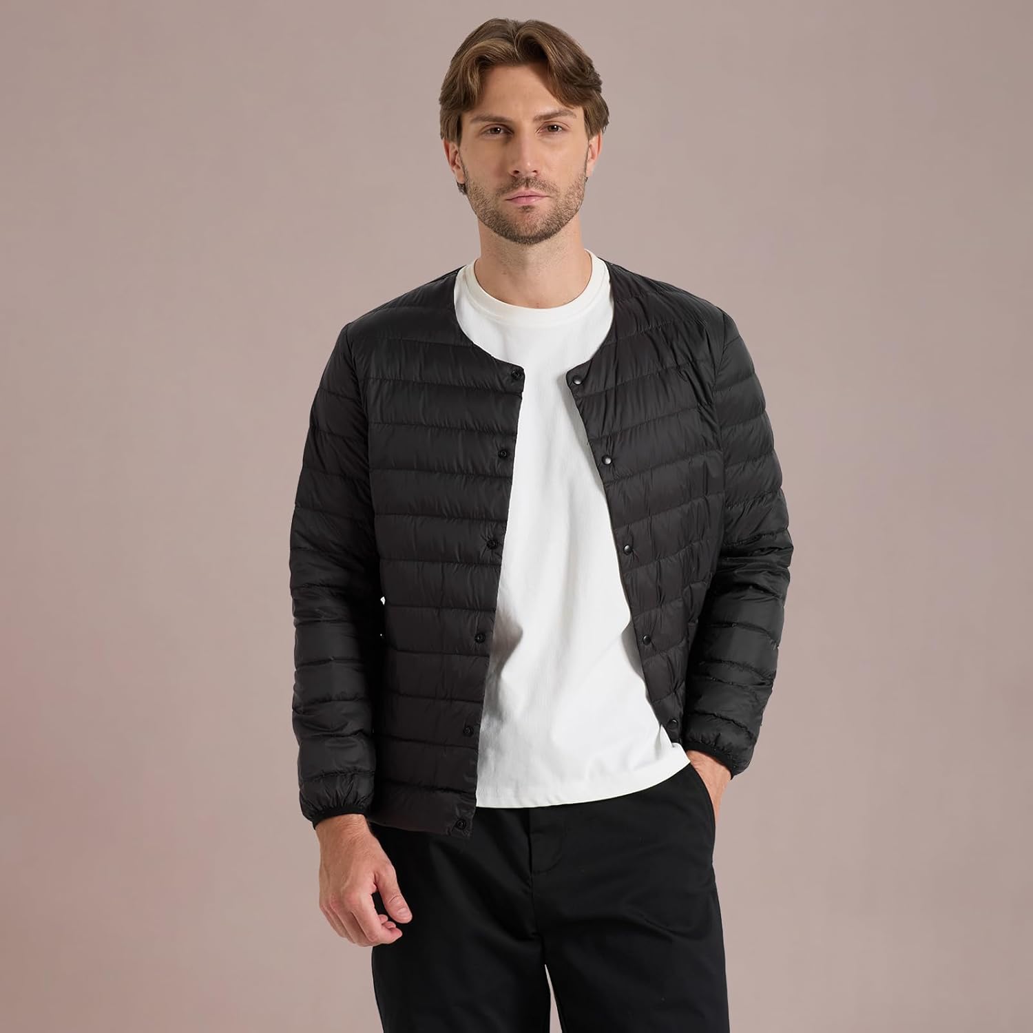 Men's Quilted Lightwight Puffer Jacket, Collarless Down Jacket Coats with Pockets, Portable Coat with Storage Bag - Image 6