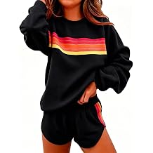 ZWRXW Womens 2 Piece Sets Rainbow Striped Outfits Long Sleeve Crewneck Sweatshirts High Waisted Shorts Matching Lounge Set