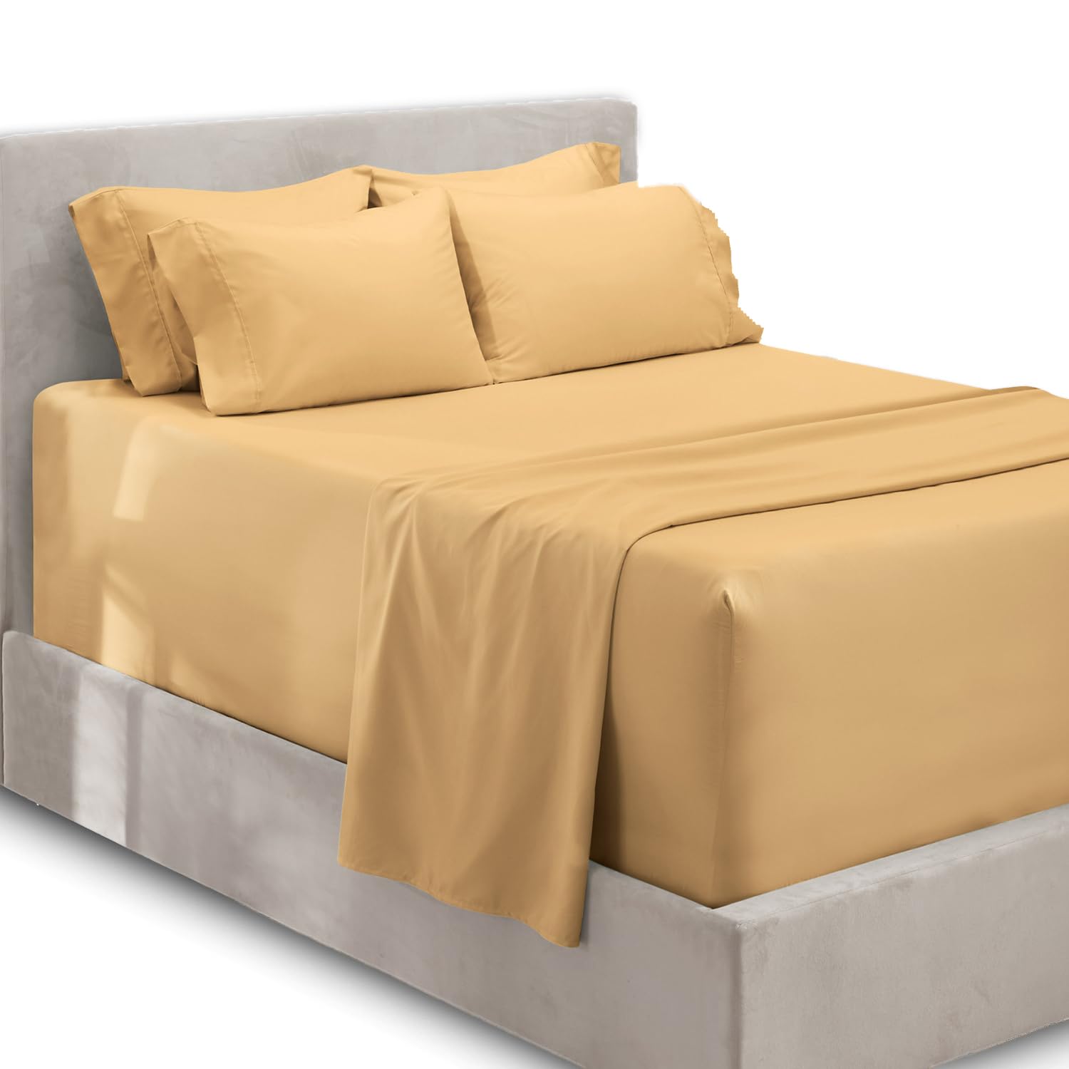 Hearth & Harbor Extra Deep Pocket Sheets - Fits Mattress 18-24 Inches Deep - Extra Deep Pocket Queen Sheets Sets - 6 Piece Queen Size Sheets - Queen Sheets Deep Pocket - Camel Sheets