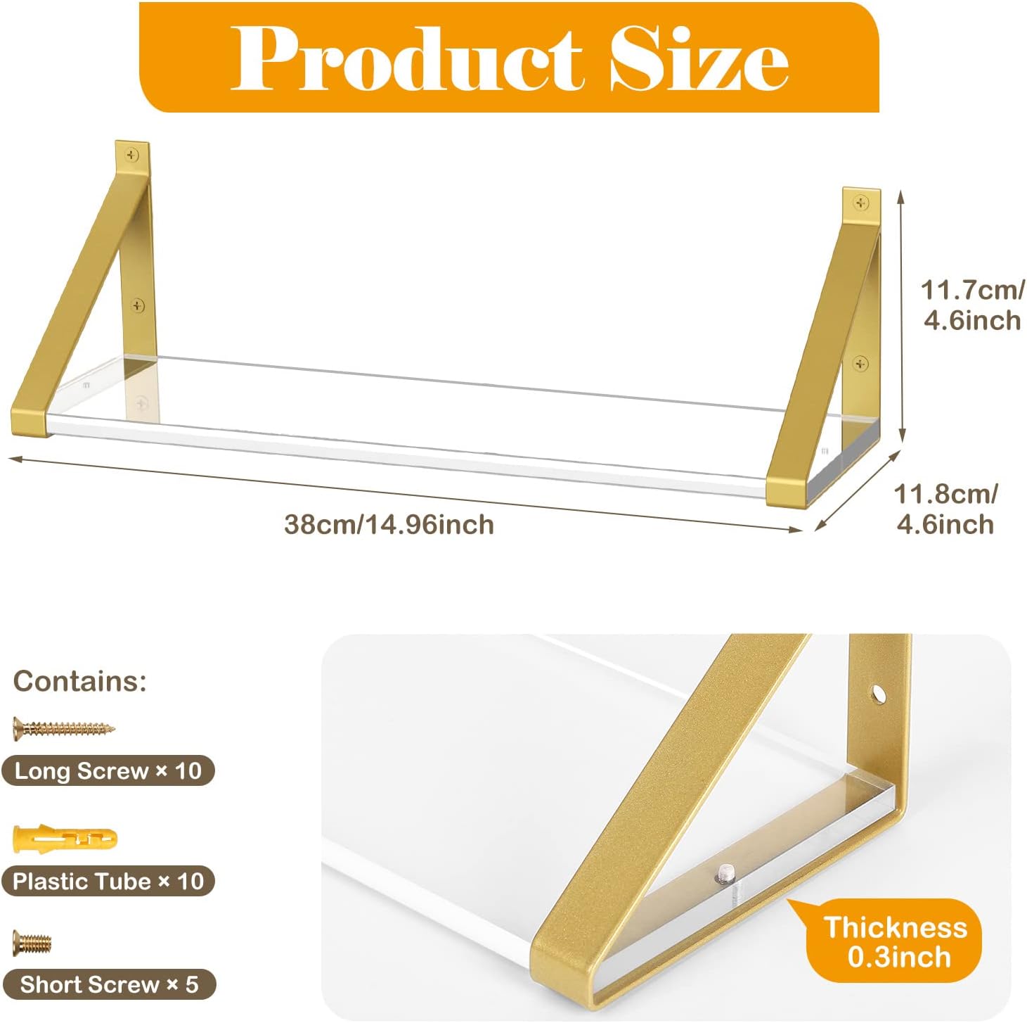 Clear Shelves, Gold Floating Shelves Wall Mounted Set of 2, 8mm Transparent Acrylic, Invisible Wall Shelves for Bedroom, Living Room, Bathroom, Kitchen, Office Display Decor (15in) image 3