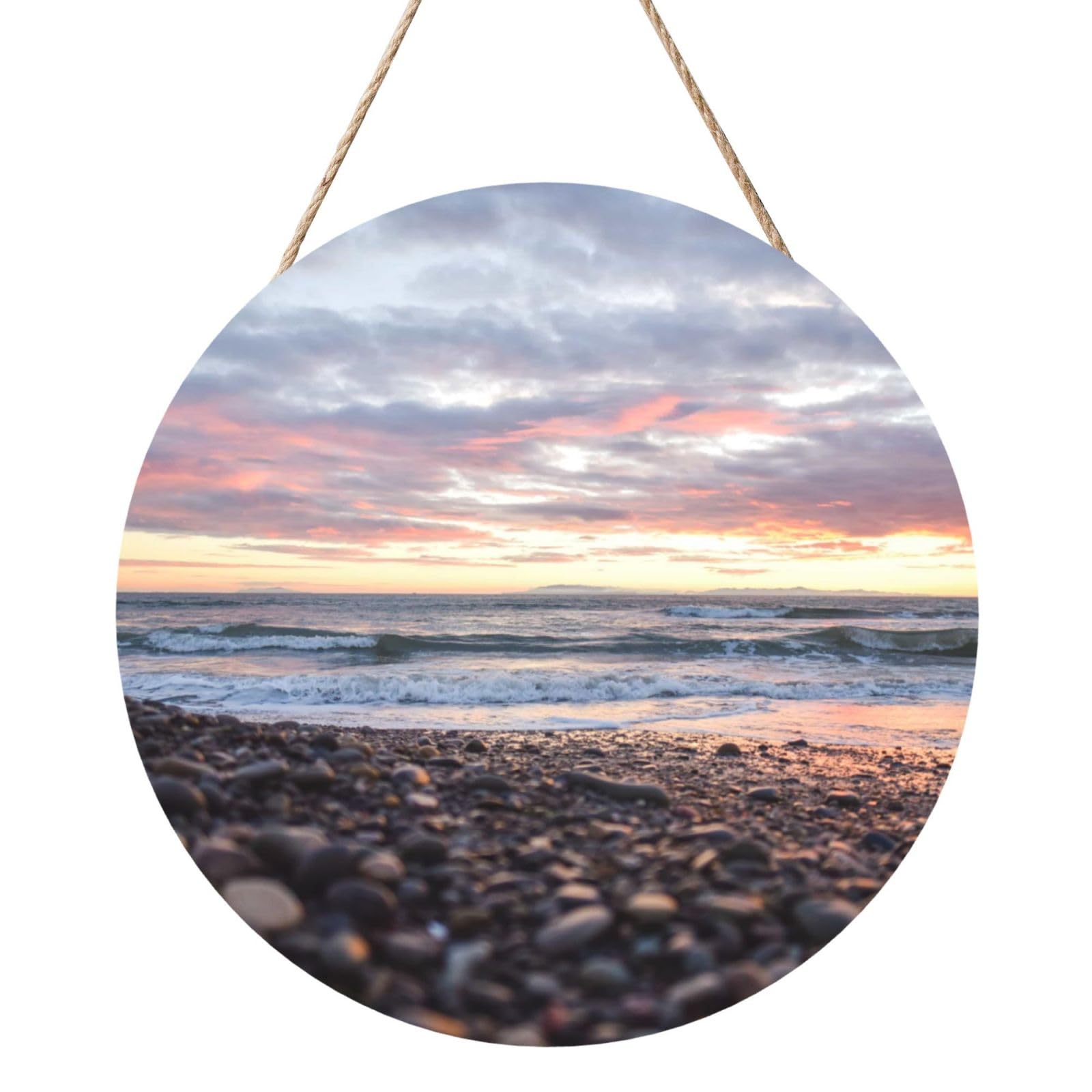 InOmak Beach Sunset Pebbles, Round Wood Panel Painting 12 in, Wall Hanging Painting For Home