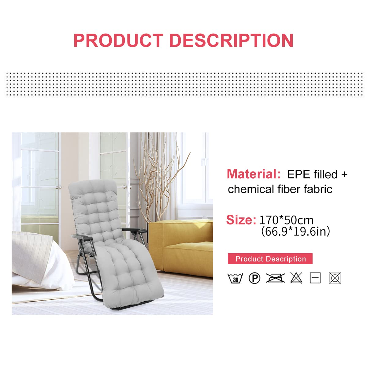Cojín Acolchado para Tumbona con Reposapiés y Reclinable 170 x 50 cm - para Sillón de Jardín, Patio, Interiores