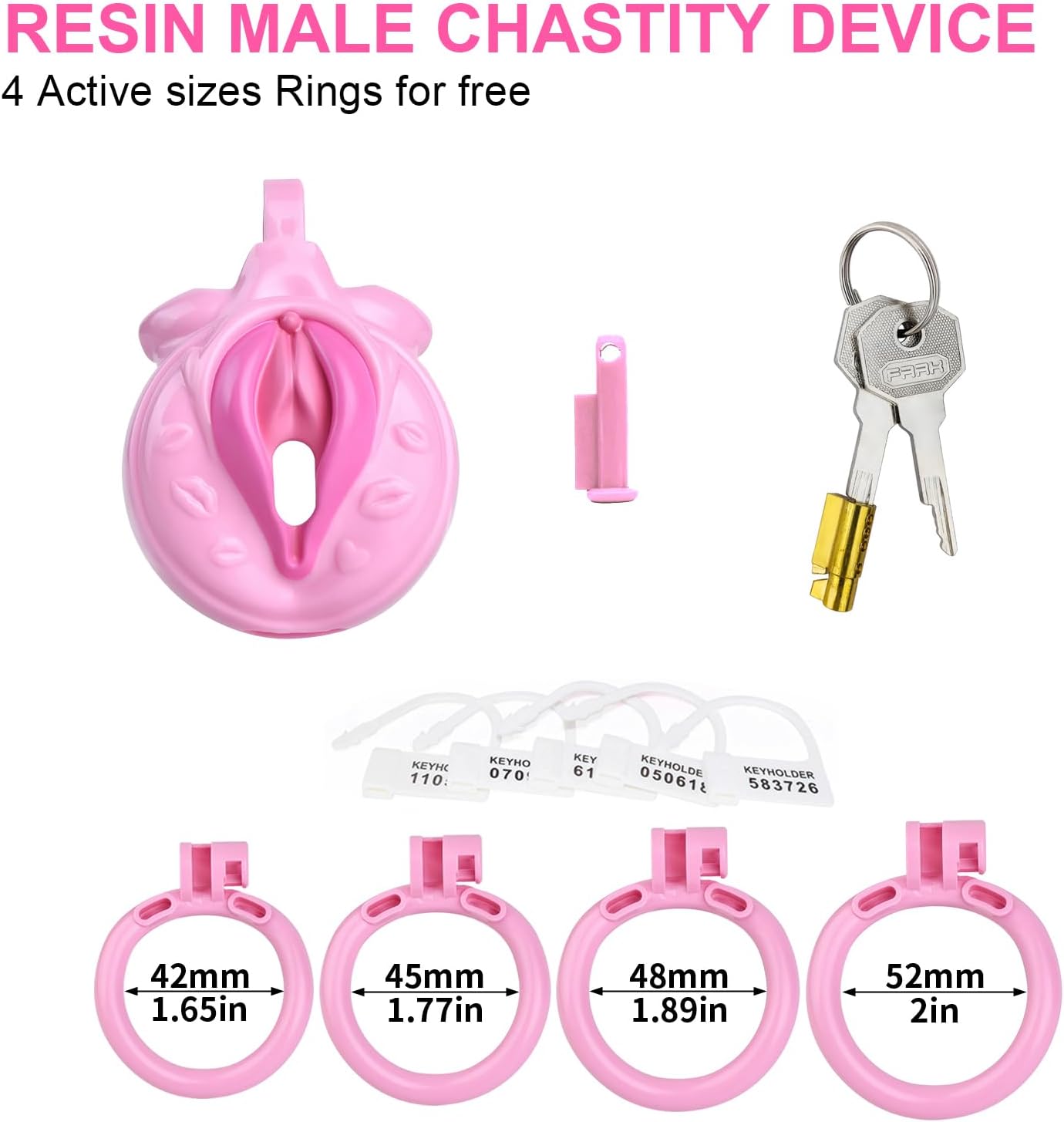 Flat Chastity Cage, Pink Male Chastity Cage with Adjustable Belt, 4 Rings & Invisible Lock, 3D Smooth Resin Chastity Devices for Penis Exercise, Discreet BDSM Adult Sex Toys for Men