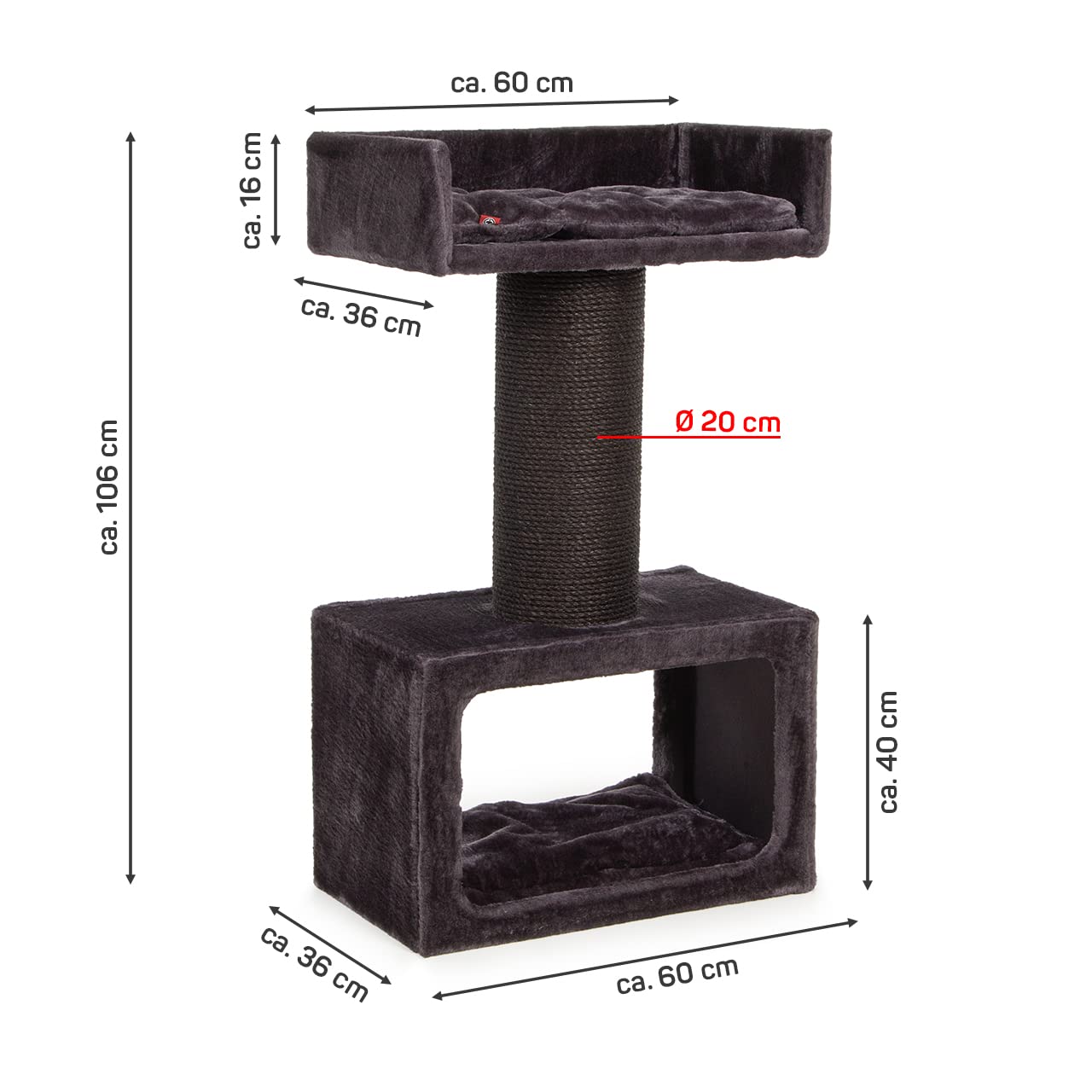 CanadianCat Company | Kratzbaum stabil 106 cm für große Katzen | Premium Qualität | 20 cm Sisalstämme mit 8 mm dickem Sisalseil | 600g Plüsch | Kratzbaum für schwere Main Coon