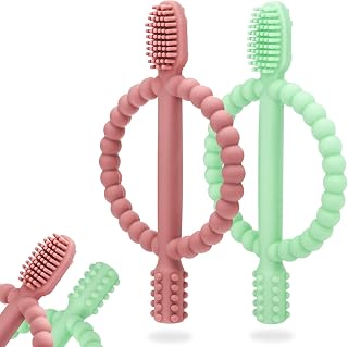MISSLILI Silicone Baby Teething Toys Easy-Hold Handle Textured Toothbrush Soothes Gums 0-12 Months Green Caramel
