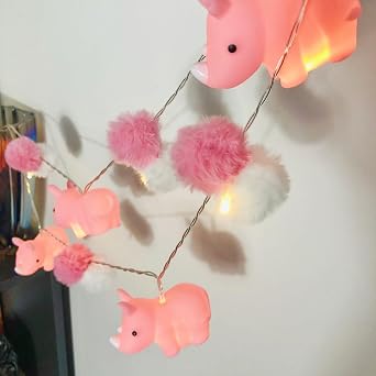 Cute Rhino Night Light Rhino Pompom Fairy Light USB Powered Warm White 1.65m 10 LEDs String Lights for Farmhouse,Party, Christmas,Easter,Garden,Ramadan Children Room Decoration Pink Rhino+Pompom
