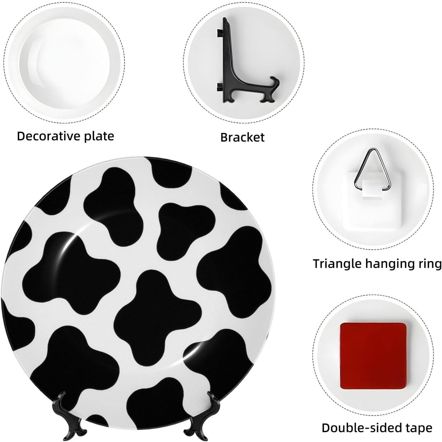 Black Cow Print 10 Inch Decorative Plate With Stand, Elegant Display Wall Plate For Home Decor