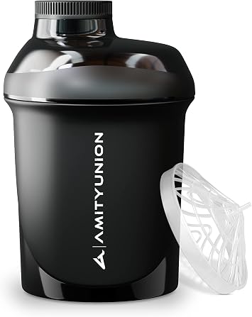 Protein shaker, 400 ml, with strainer, original fitness mixer, small, leak-proof, BPA-free, with scale for creamy whey protein powder shakes, BCAA concentrate, in black deluxe