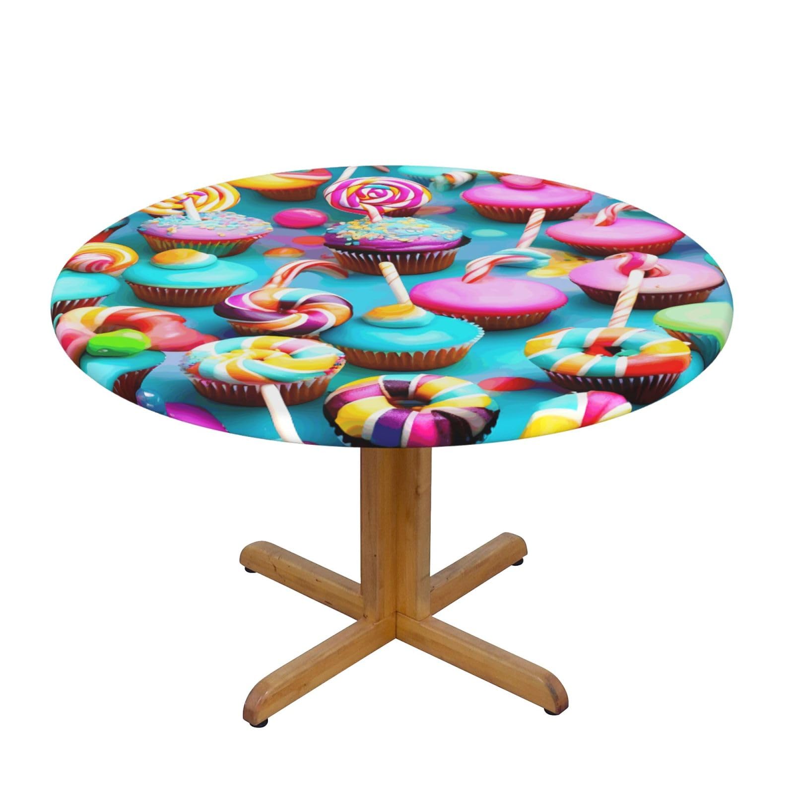 Colorful Sweet Lollipop Cupcake Donut Print Round Tablecloth Waterproof Table Cover Wipe Clean Washable Table Protector For Dining Room