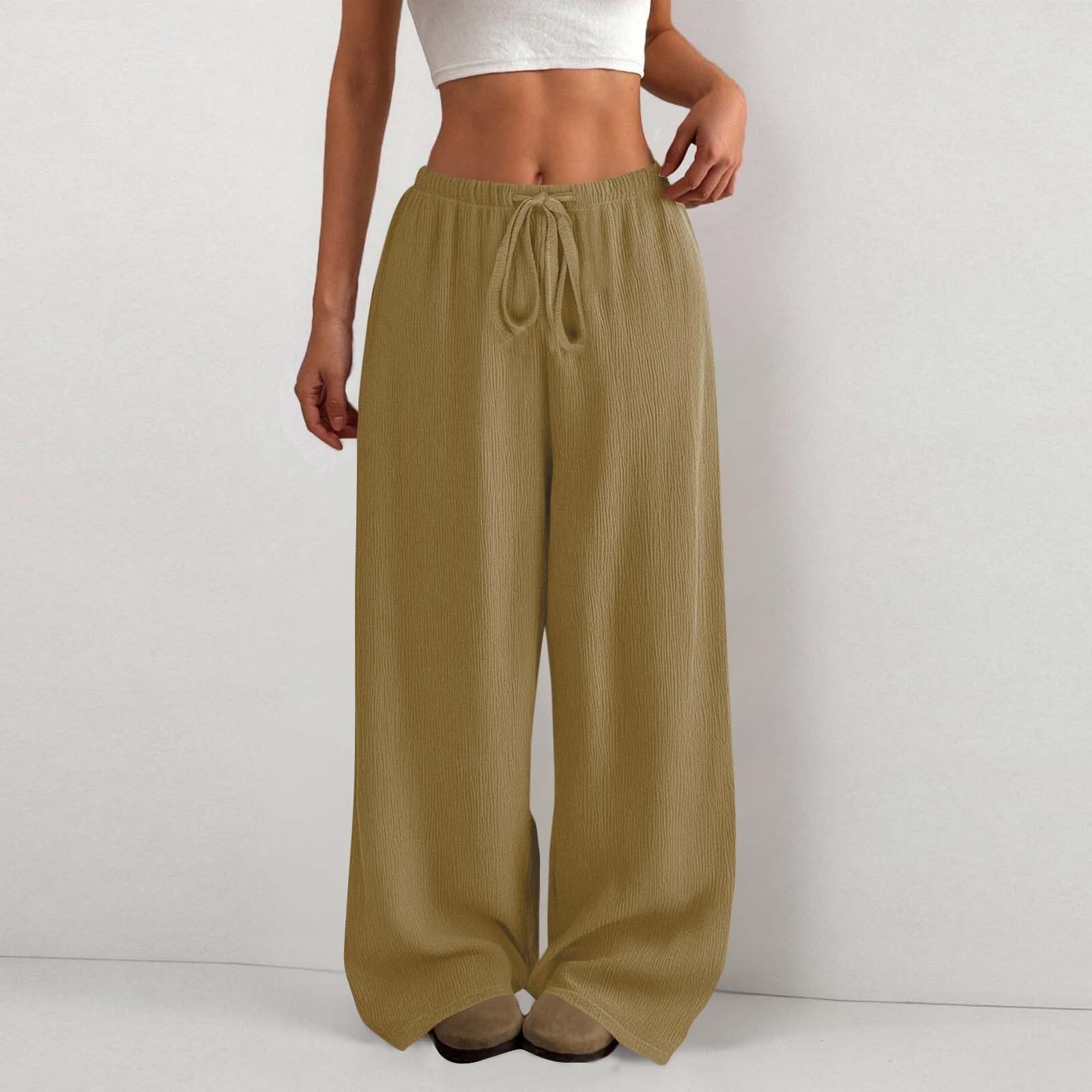 Pantalon Fluide Femme Été Fluide Plissé Taille Haute Elastique Décontractés Pantalons Mode Confortable Jogging Plage Rétro Pants Léger Respirant Pantalon avec Poches