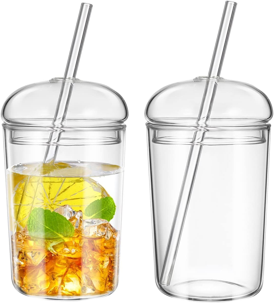 DOITOOL 2PCS Glass Cups with Lids and Straws 16oz Glass Coffee Ice Tea Water Cocktail Cups Clear Glass Drinking Cup Reusable Tumbler with Lid and Straw for Bubble Tea Juice Iced Coffee