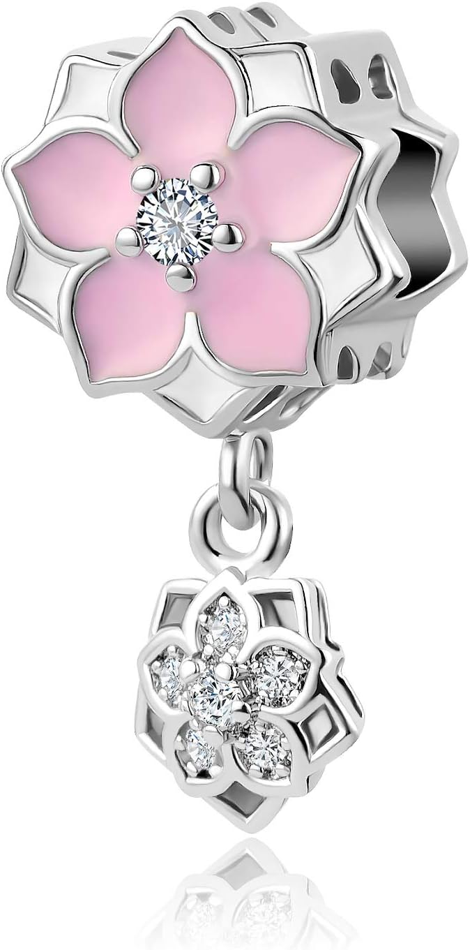 MiniJewelryPink Orchaid Flower Dangle Charm Compatible with Pandora Charms Bracelets Crystal Clear CZ Women Girls Girlfriend Wife Birthday