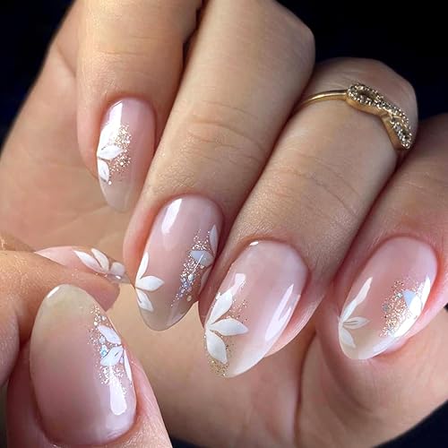 Fall Short Press On Nails Almond, Nude Fake Nails accented