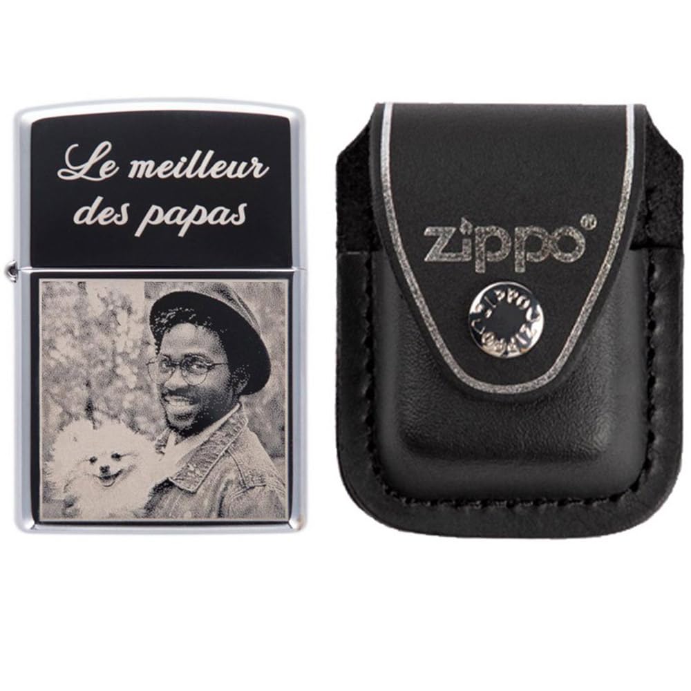 Briquet personnalisé créé à l’Aide d’Un Zip-po gravé – Votre Photo et/ou Texte gravé sur ce Briquet tempête argenté chromé High Polish
