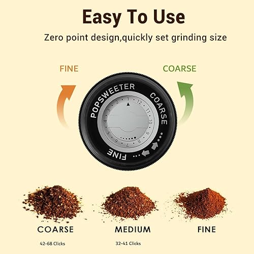 Miniatura 8 de Popsweeter Molinillo de café manual, rebabas de cono de acero inoxidable reemplazables de 7 celdas, cuerpo de una pieza de metal, ajuste de origen,